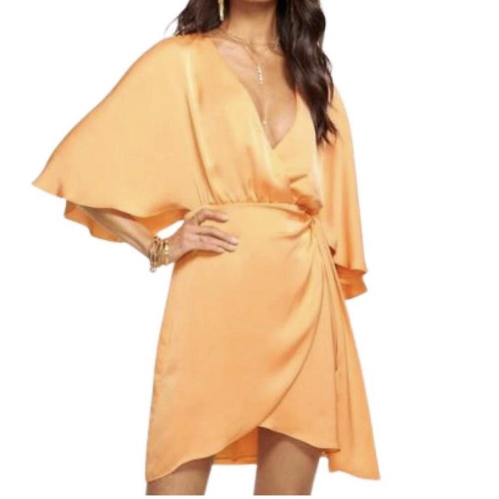 Ramy Brook Peach Satin Dress Womens 8 Wrap Mini Flutter Sleeve Bow Party M - Picture 2 of 12